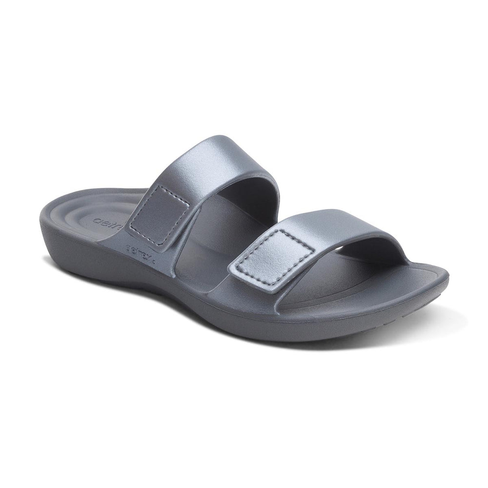 Women's metallic pewter grey two-strap slide sandal made of waterproof EVA foam with a contoured footbed. Style #ST9301W
