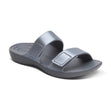 Women's metallic pewter grey two-strap slide sandal made of waterproof EVA foam with a contoured footbed. Style #ST9301W