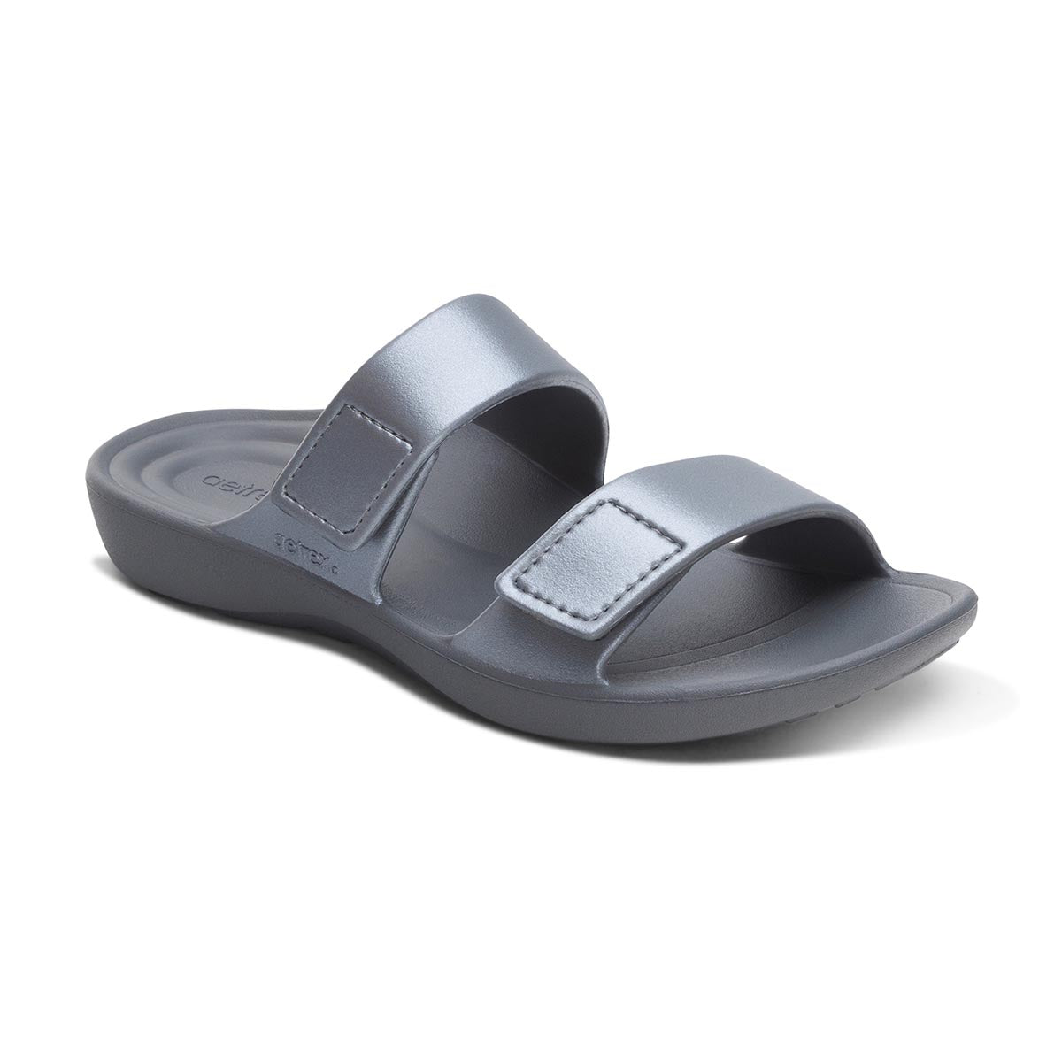 Women's metallic pewter grey two-strap slide sandal made of waterproof EVA foam with a contoured footbed. Style #ST9301W