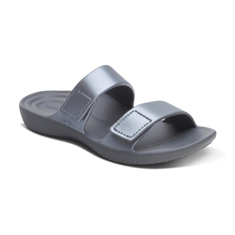 Women's metallic pewter grey two-strap slide sandal made of waterproof EVA foam with a contoured footbed. Style #ST9301W