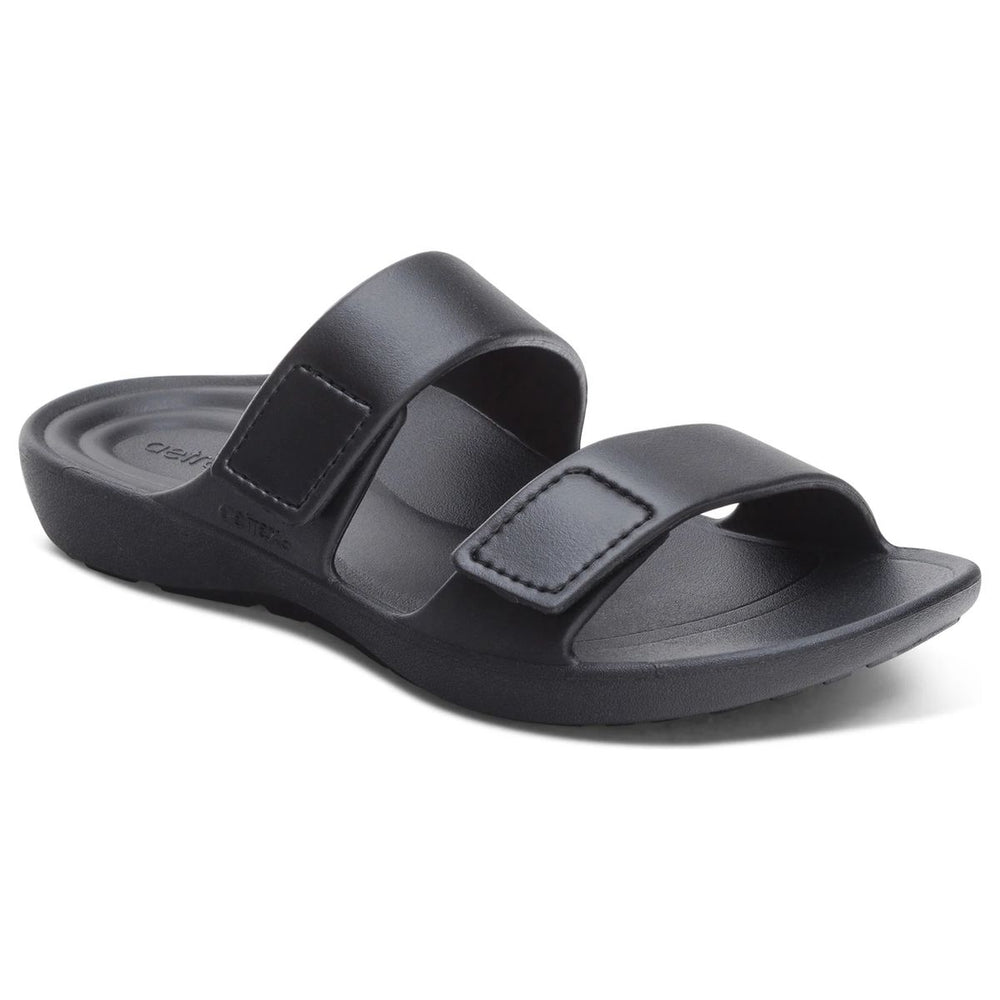 Women’s black gloss two-strap slide sandal made of waterproof EVA foam with a contoured orthotic footbed. Style #ST9310W