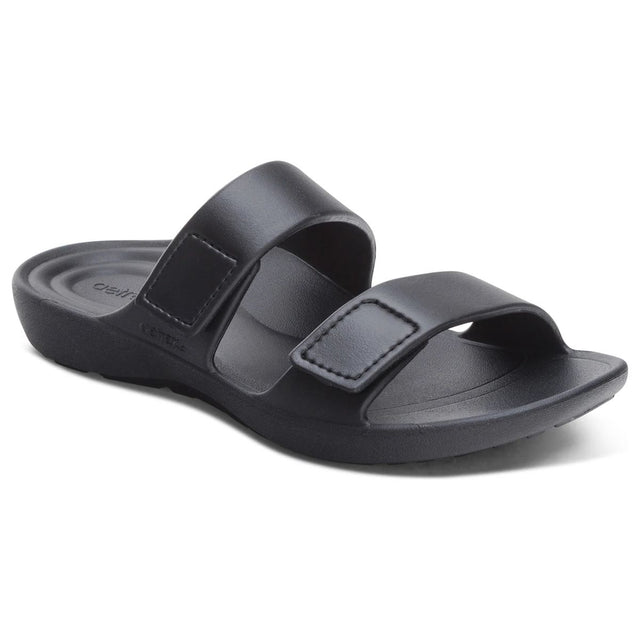 Women’s black gloss two-strap slide sandal made of waterproof EVA foam with a contoured orthotic footbed. Style #ST9310W