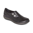 Black leather shoe with a single wide hook-and-loop monk strap across the instep, padded heel collar, contoured memory foam footbed with built-in arch support, and a low rubber outsole for everyday comfort and support. Style #DM500WW