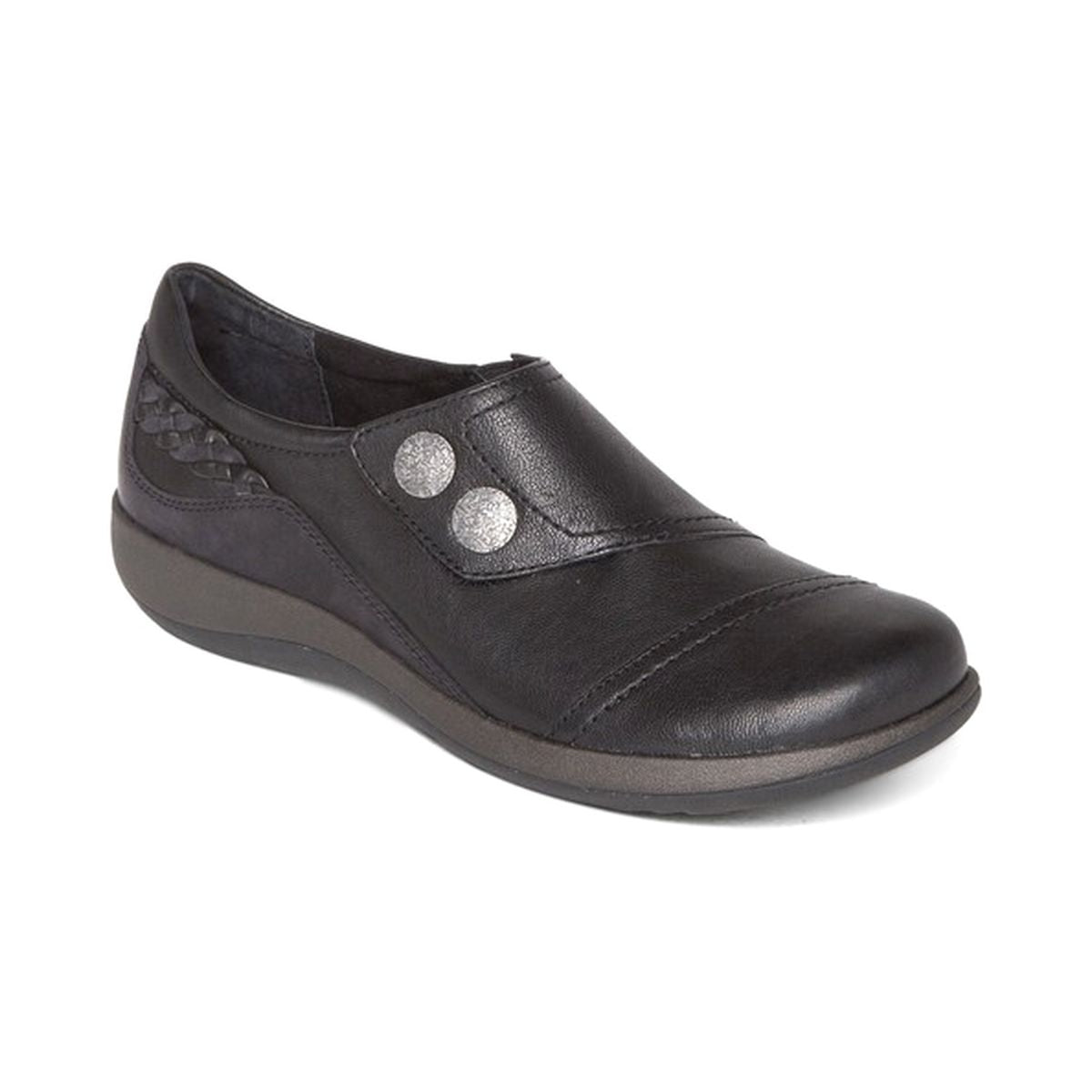 Black leather shoe with a single wide hook-and-loop monk strap across the instep, padded heel collar, contoured memory foam footbed with built-in arch support, and a low rubber outsole for everyday comfort and support. Style #DM500WW
