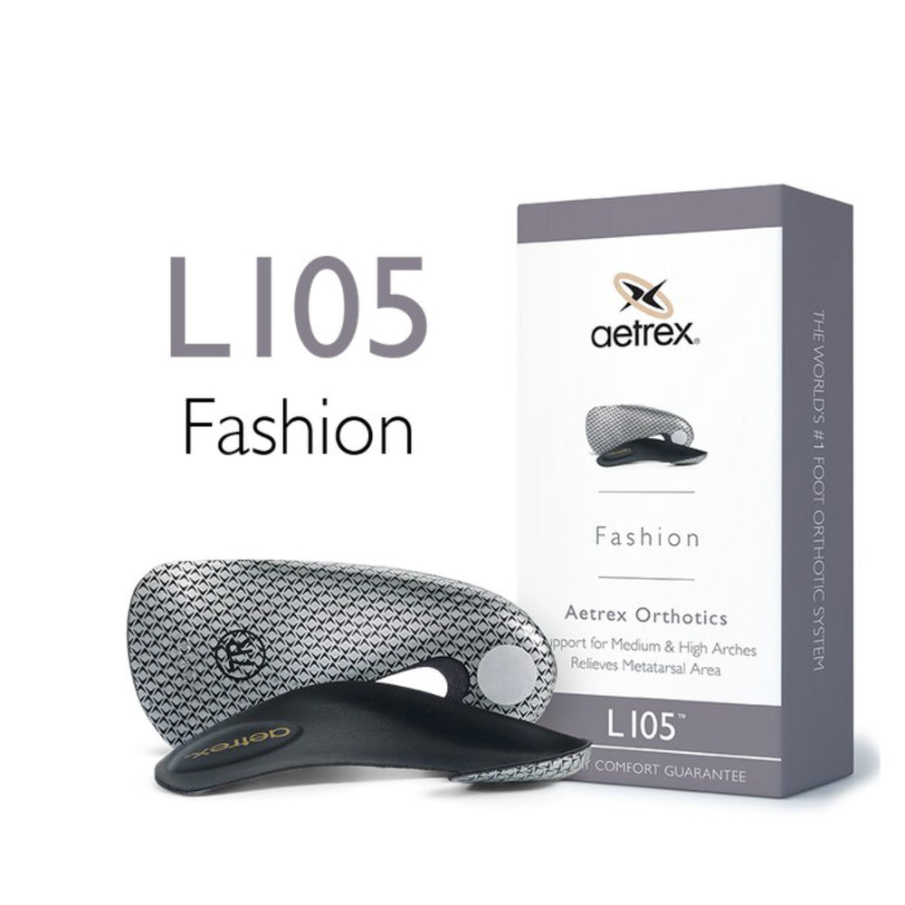 Women’s Aetrex Fashion Orthotic C/N shown from an angle, highlighting its sleek, thin shape and contoured arch—designed to fit discreetly into heels and dress shoes.