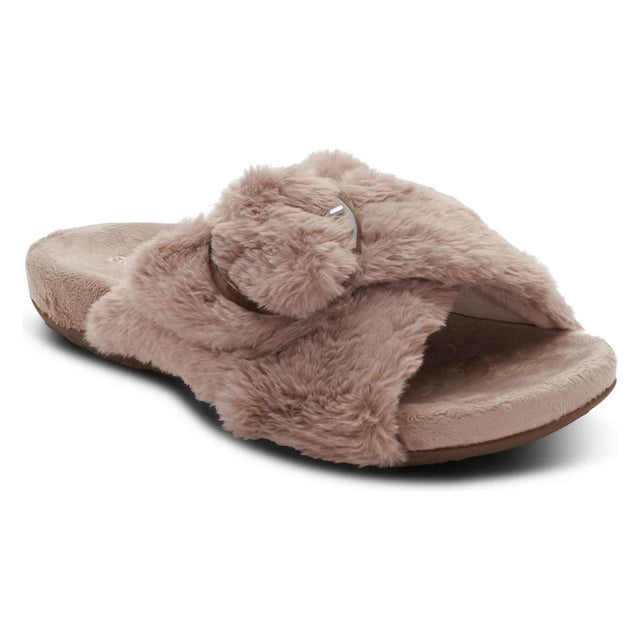 Aetrex mushroom taupe plush faux-fur open-toe slide slipper with crisscross straps and oversized faux-fur buckle. Style #FE852.