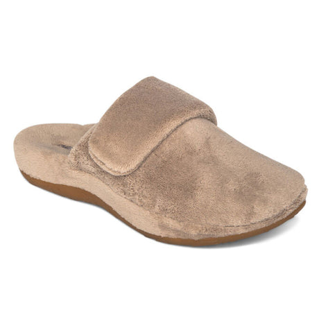 Soft grey closed-toe house slipper with a plush fabric upper, hook and loop closure, and cushioned arch support for indoor foot pain relief. Style #FE202