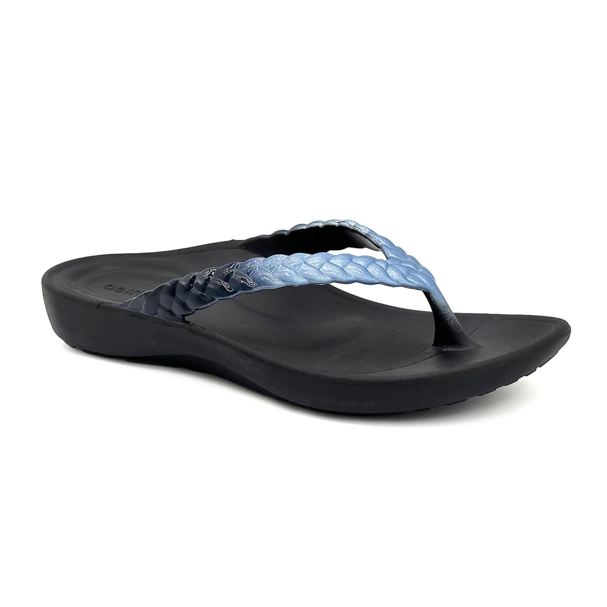 Women’s black thong sandal with light blue braided straps and a contoured orthotic footbed. Style #ST3518W
