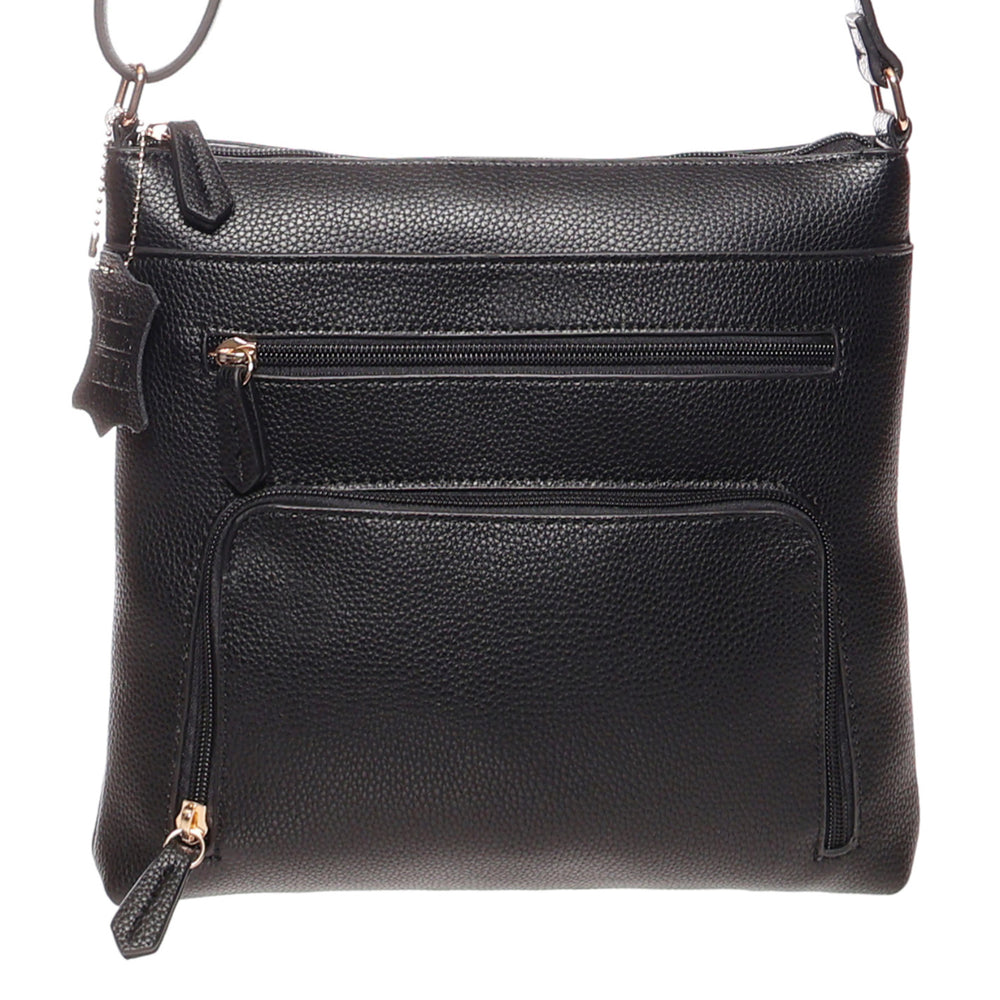 La Diva black pebbled leather crossbody handbag featuring multiple front zippered pockets and shoulder strap. Style #R18812STL