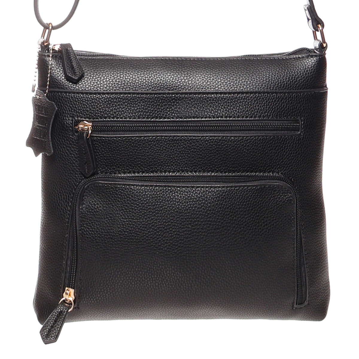 La Diva black pebbled leather crossbody handbag featuring multiple front zippered pockets and shoulder strap. Style #R18812STL