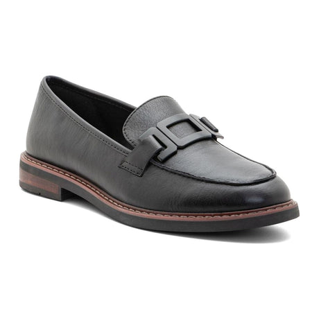 Glossy black leather slip-on shoe with a low wedge heel, subtle shine, and a modern silhouette designed for stylish comfort and everyday support. Style #11252-81