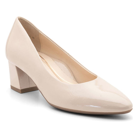 Cream leather block heel pump with rounded toe, slip-on design, and cushioned insole, featuring Ara HighSoft comfort technology for elegant all-day wear. Style #11537-26