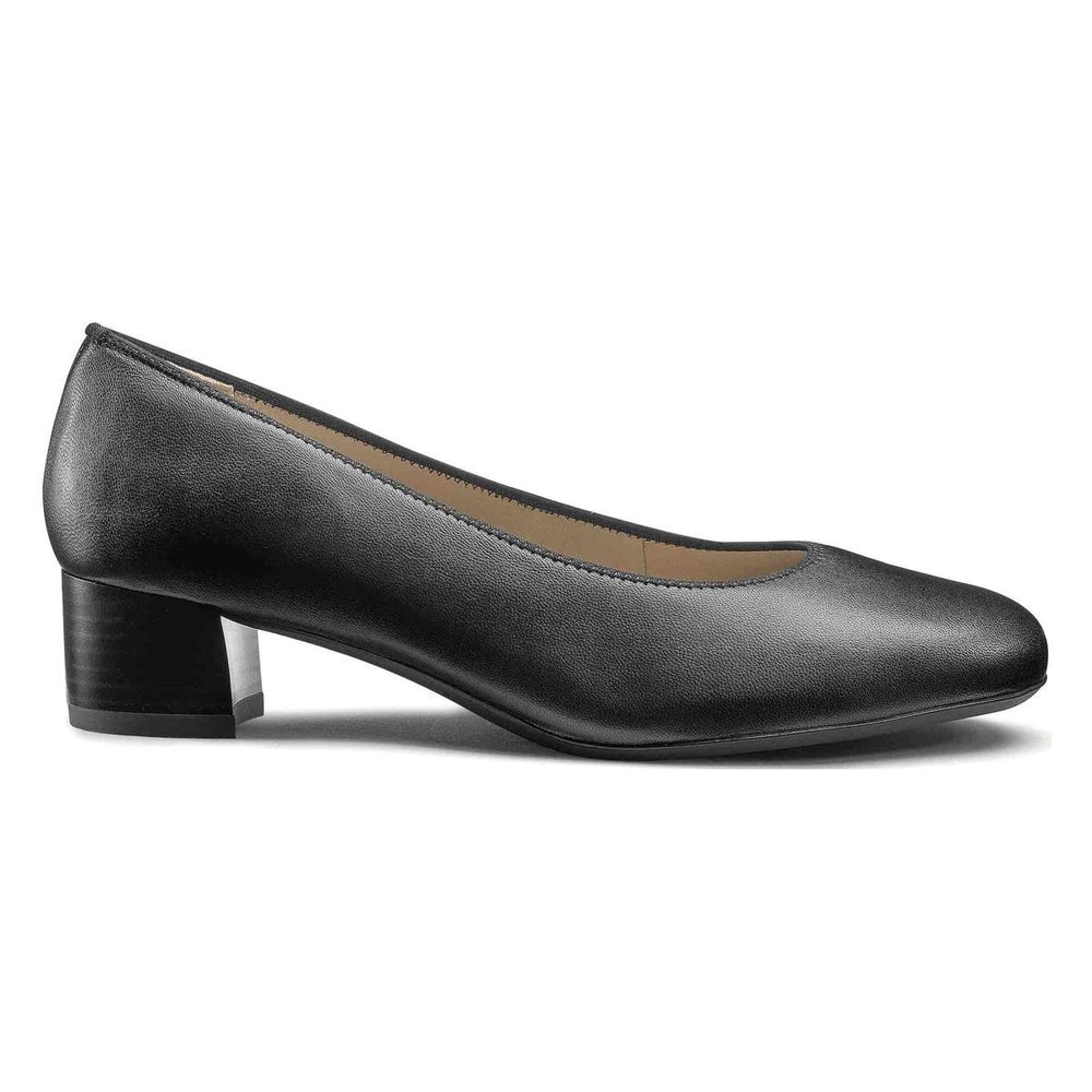 Black leather Ara Vivian women’s pump with low block heel, side profile view, 16601-17, on white background.