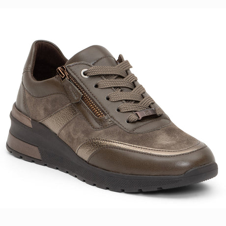 Women’s low‑top wedge sneaker in smooth brown leather with rounded toe, lace‑up front, and functional side zipper. Features a hidden wedge heel, removable cushioned insole, and lightweight flexible sole for comfortable, stylish everyday wear. Style #18414-11