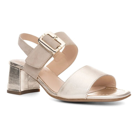 Champagne Ara Lian block heel sandal with suede strap and buckle (20510-11) presented.