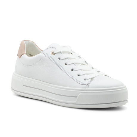 Women’s white leather platform sneaker with a blush heel tab and lace-up closure. Style #23003-04