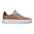 Women’s tan leather platform sneaker with white laces, a thick white midsole, and a brown heel tab. Style #23003-93