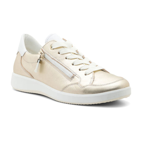 Women’s low‑top sneaker in metallic gold leather with rounded toe, lace‑up front, and functional side zipper. Features a cushioned removable insole, breathable lining, and lightweight flexible sole for stylish, comfortable everyday wear. Style #23901-11