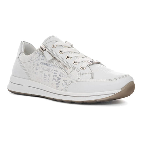 White Ara Osaka leather sneaker with side zipper and subtle print (24801-78) displayed.