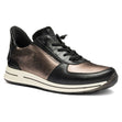 Black and bronze sneaker with a white sole on a white background. 24836-15.