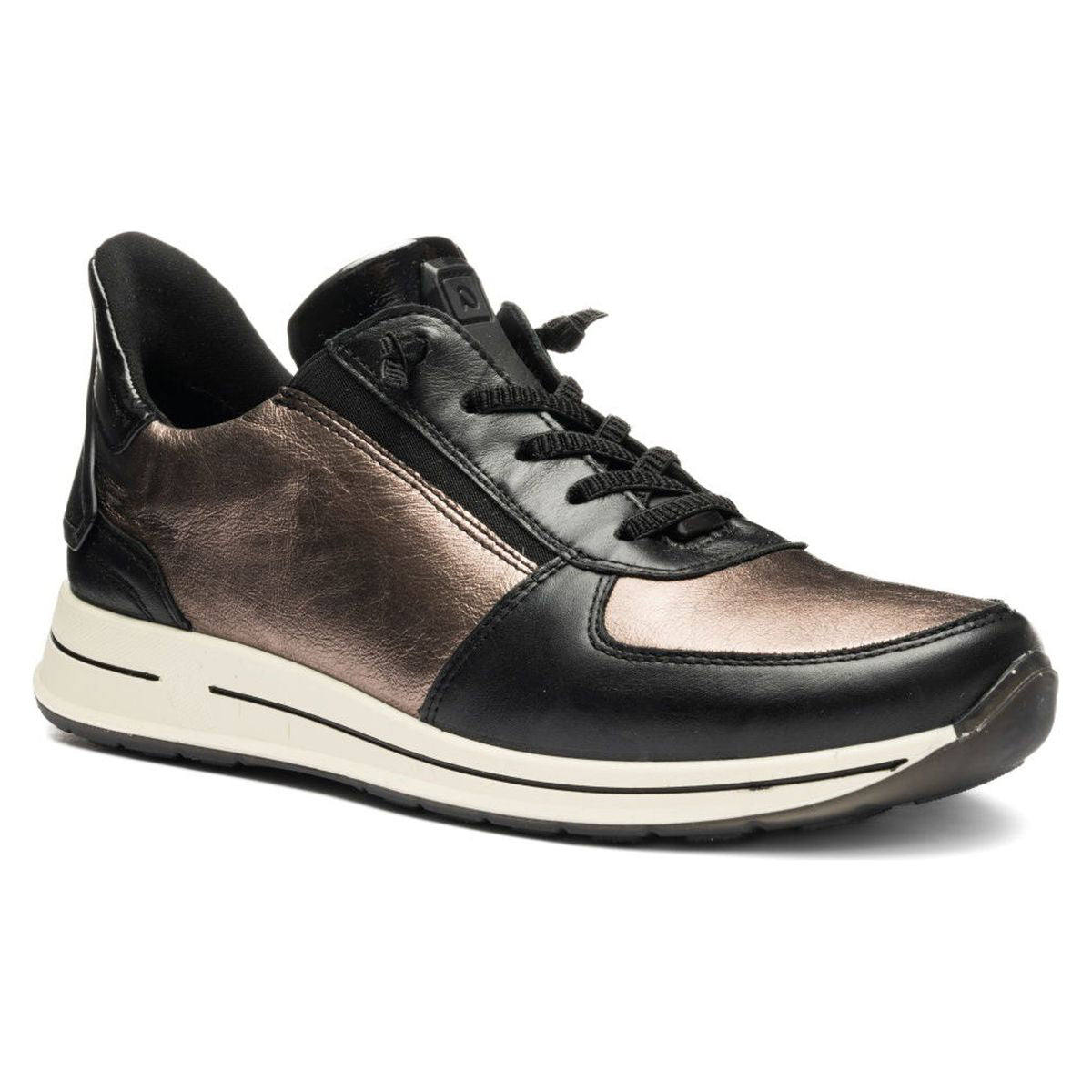 Black and bronze sneaker with a white sole on a white background. 24836-15.