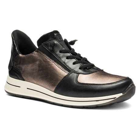 Black and bronze sneaker with a white sole on a white background. 24836-15.