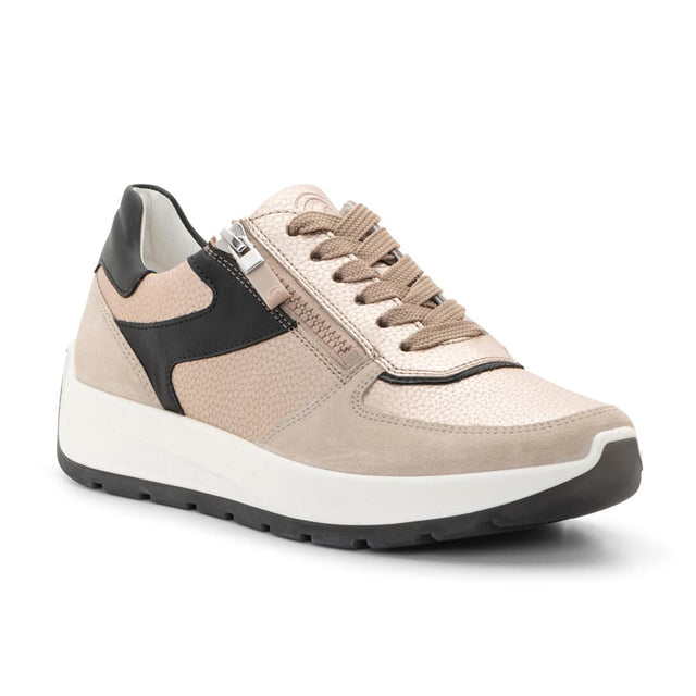 Women's sand and black leather sneaker with side zipper, beige laces, and thick white sole. Style #25112-08