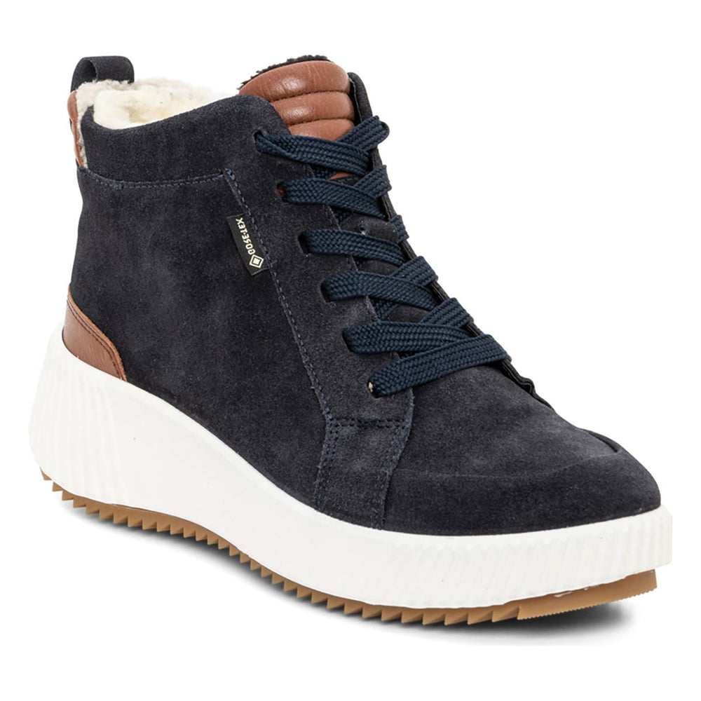 Women's waterproof ankle boot made of black hydro-suede and hydro-leather with a lace-up front, inside zipper, and 12mm heel, featuring soft warm lining and a sleek modern silhouette. Style #26908-02