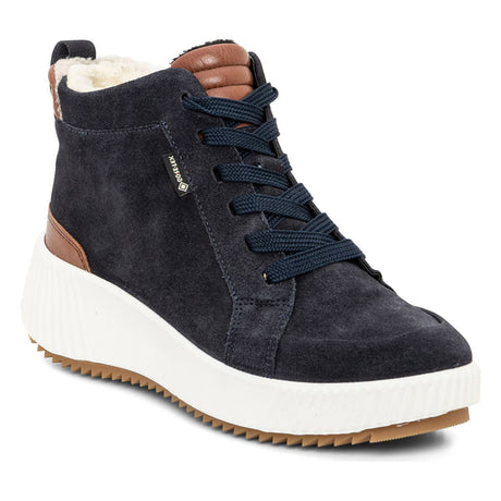 Women's waterproof ankle boot made of black hydro-suede and hydro-leather with a lace-up front, inside zipper, and 12mm heel, featuring soft warm lining and a sleek modern silhouette. Style #26908-02