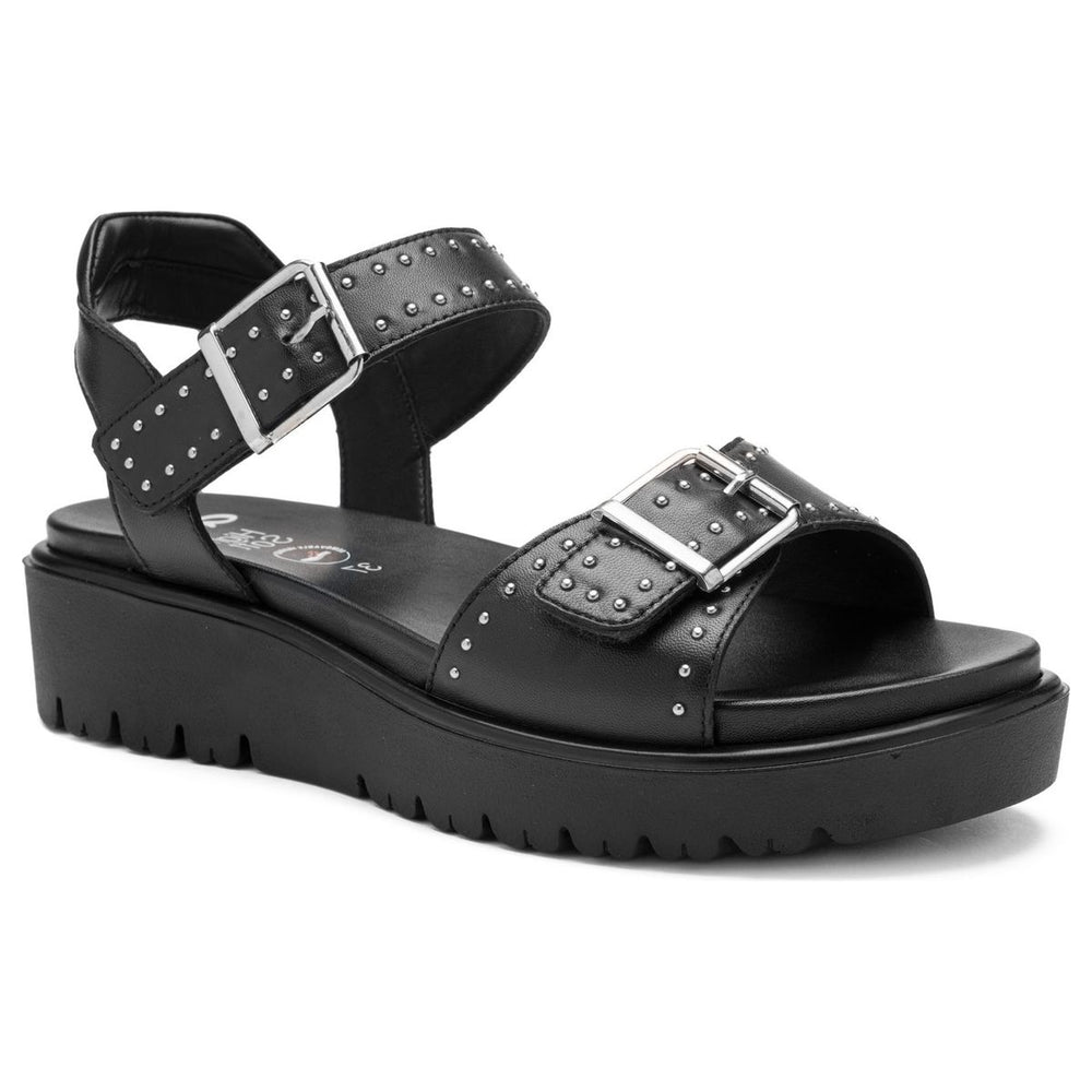 Ara black leather wedge sandal with silver stud accents, double adjustable buckle straps, and white platform sole. Style #33517-01