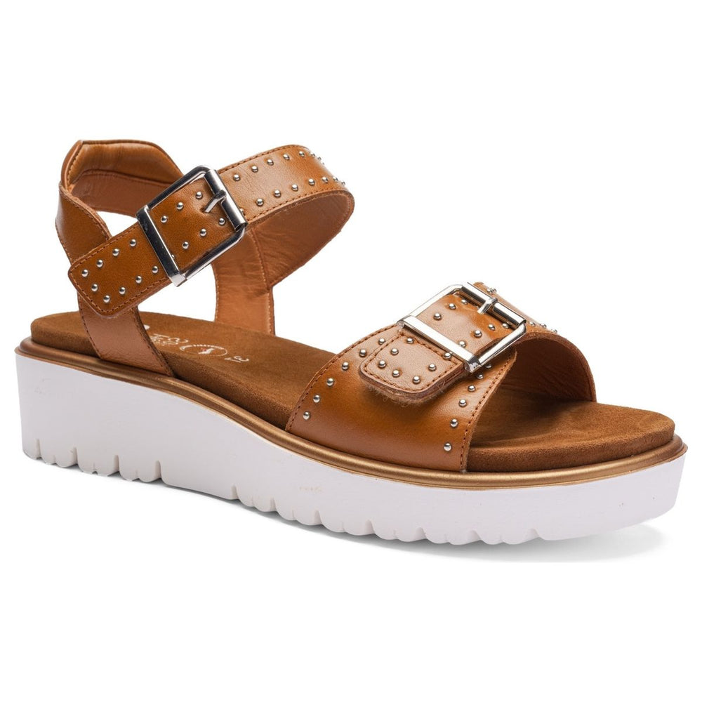 Ara cognac leather wedge sandal with silver stud accents, double adjustable buckle straps, and white platform sole. Style #33517-09