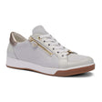 White snakeskin-textured leather sneaker with gold side zipper, white laces, and gum sole. Style #34432-76