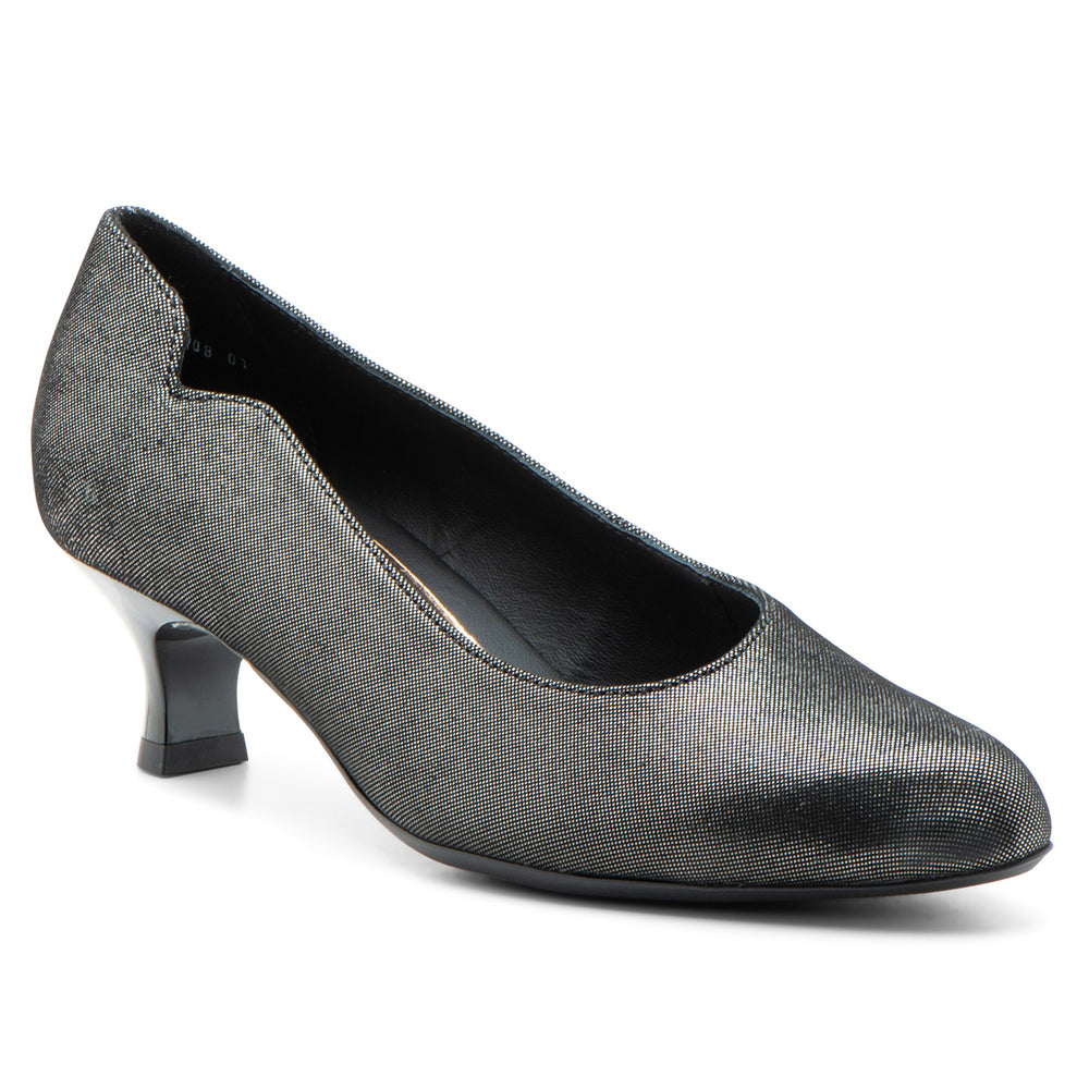 Women's black shimmering metallic kitten heel pump with a notched collar, style # 41408-01.