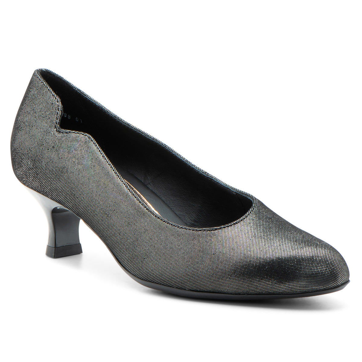 Women's black shimmering metallic kitten heel pump with a notched collar, style # 41408-01.