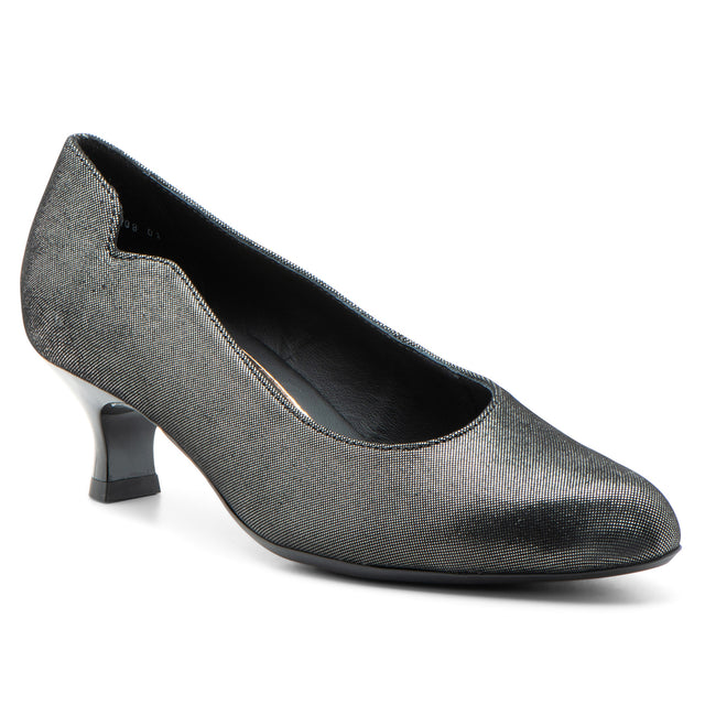 Women's black shimmering metallic kitten heel pump with a notched collar, style # 41408-01.