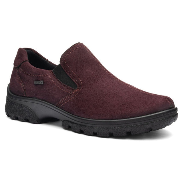 Ara burgundy suede slip-on sneaker featuring Gore-Tex tag, dual elastic side gores, and textured black lug sole. Style #49310-19