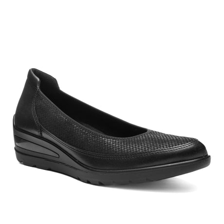 Women’s black leather ballerina slip-on with a textured upper, wedge heel, and durable rubber sole. Style #50664-01