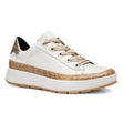 Women's white leather sneaker with cork wrap trim, gold laces, and a thick white sole. Style #54311-85