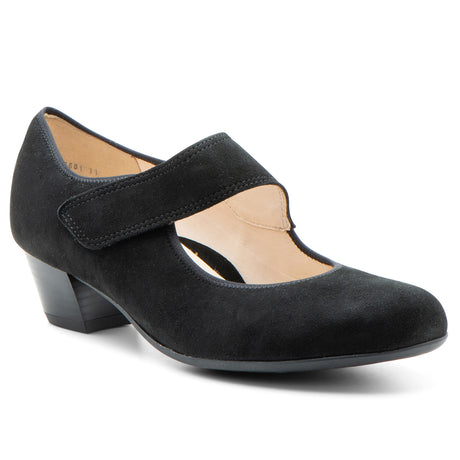 Ara Calico 63601-11 women's black suede mary jane pump with a strap and low block heel.