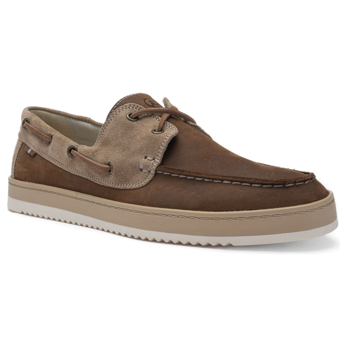 Men's brown nubuck leather boat shoe featuring a light tan suede side panel, brown laces, and a thick off-white ribbed sole. Style #20901-14