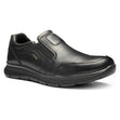 Men's black leather slip-on shoe with elastic side gores, moc toe stitching, and a textured black rubber sole. Style #24606-01