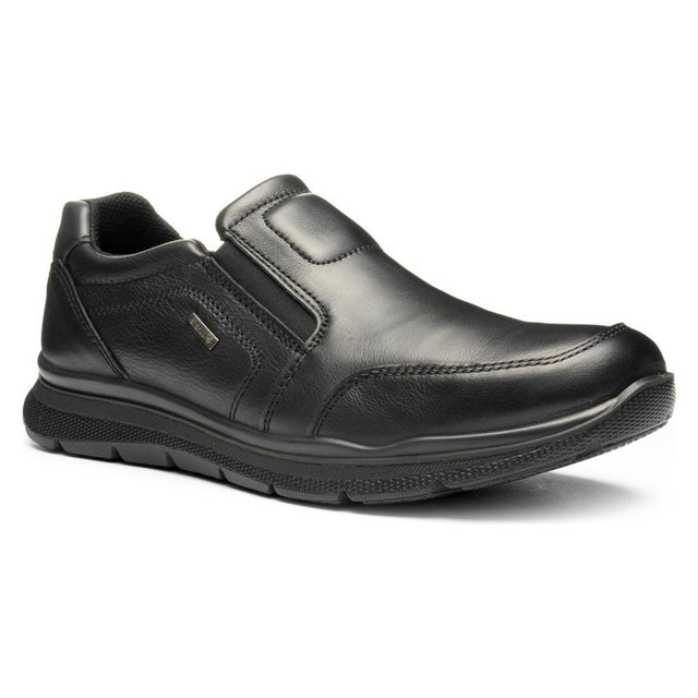 Men's black leather slip-on shoe with elastic side gores, moc toe stitching, and a textured black rubber sole. Style #24606-01