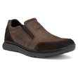 Men's brown leather slip-on shoe with dark brown suede accents, side elastic gores, and a flexible dark sole. Style #24606-14
