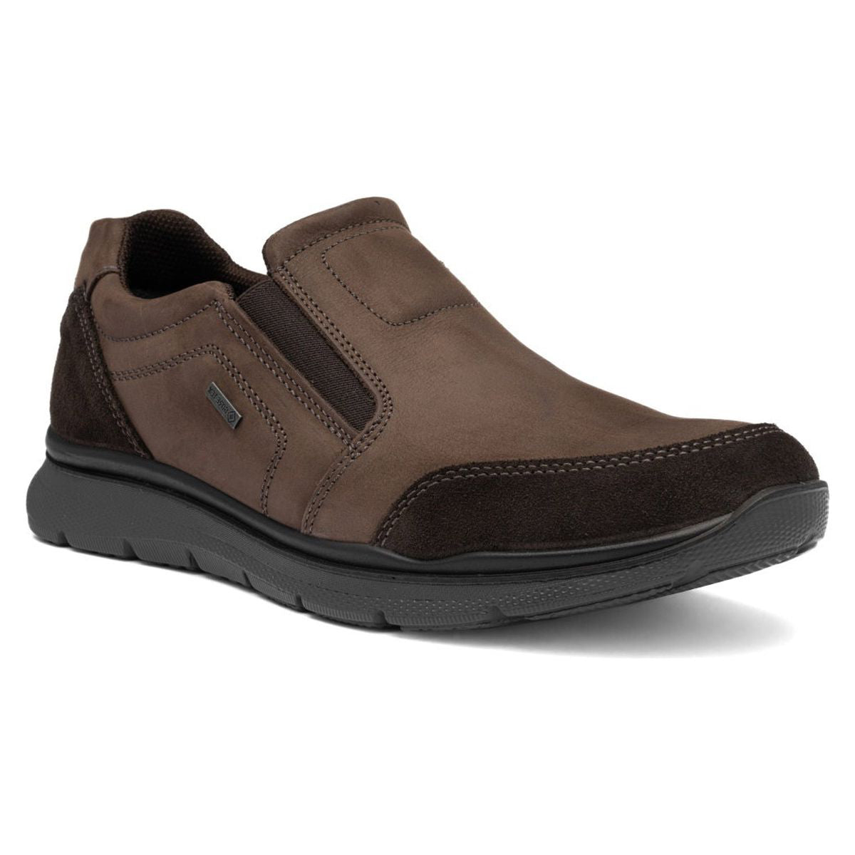 Men's brown leather slip-on shoe with dark brown suede accents, side elastic gores, and a flexible dark sole. Style #24606-14