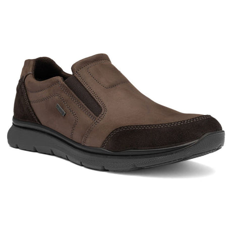 Men's brown leather slip-on shoe with dark brown suede accents, side elastic gores, and a flexible dark sole. Style #24606-14