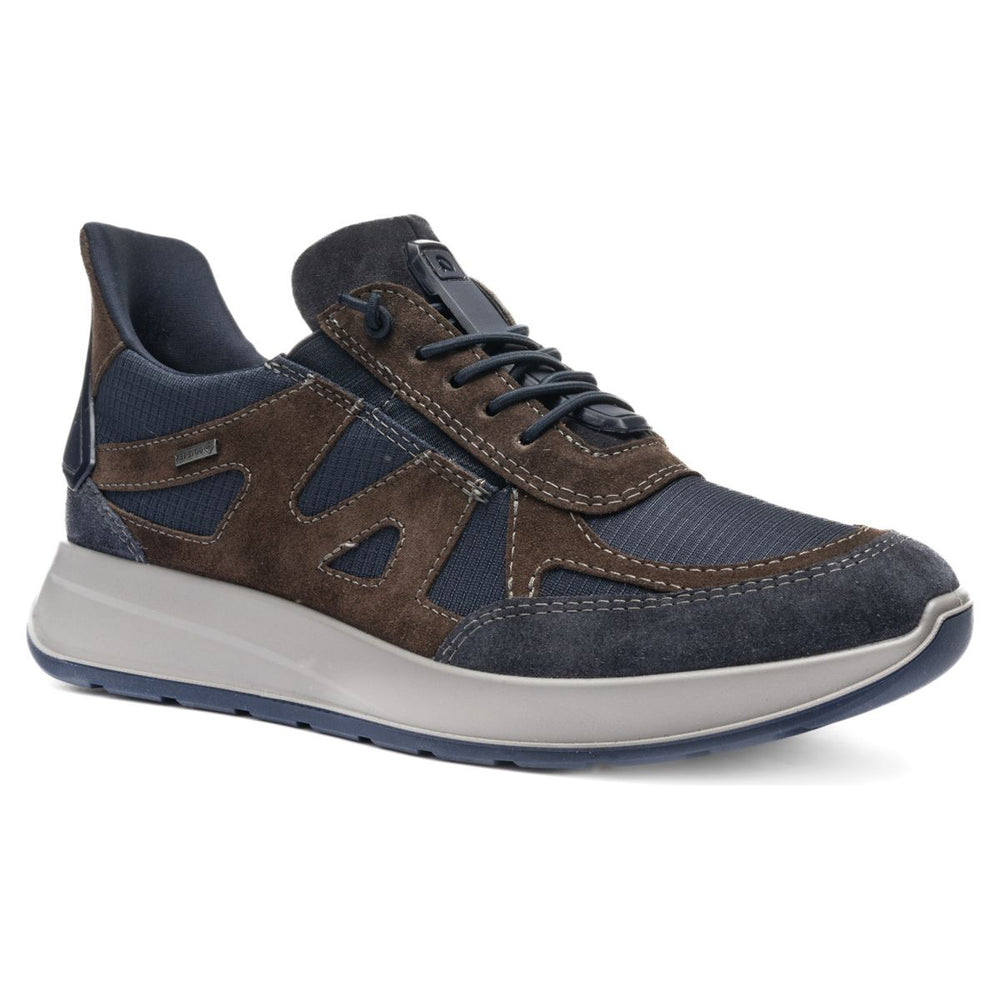 Men's navy and brown suede sneaker with an elastic speed-lace closure, extended heel collar, and a thick grey midsole. Style #28613-27