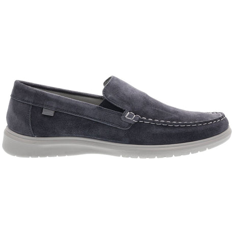 Men’s blue suede slip-on moc-toe loafer with small elastic side inserts and a light grey flexible rubber sole. Style #35701-22