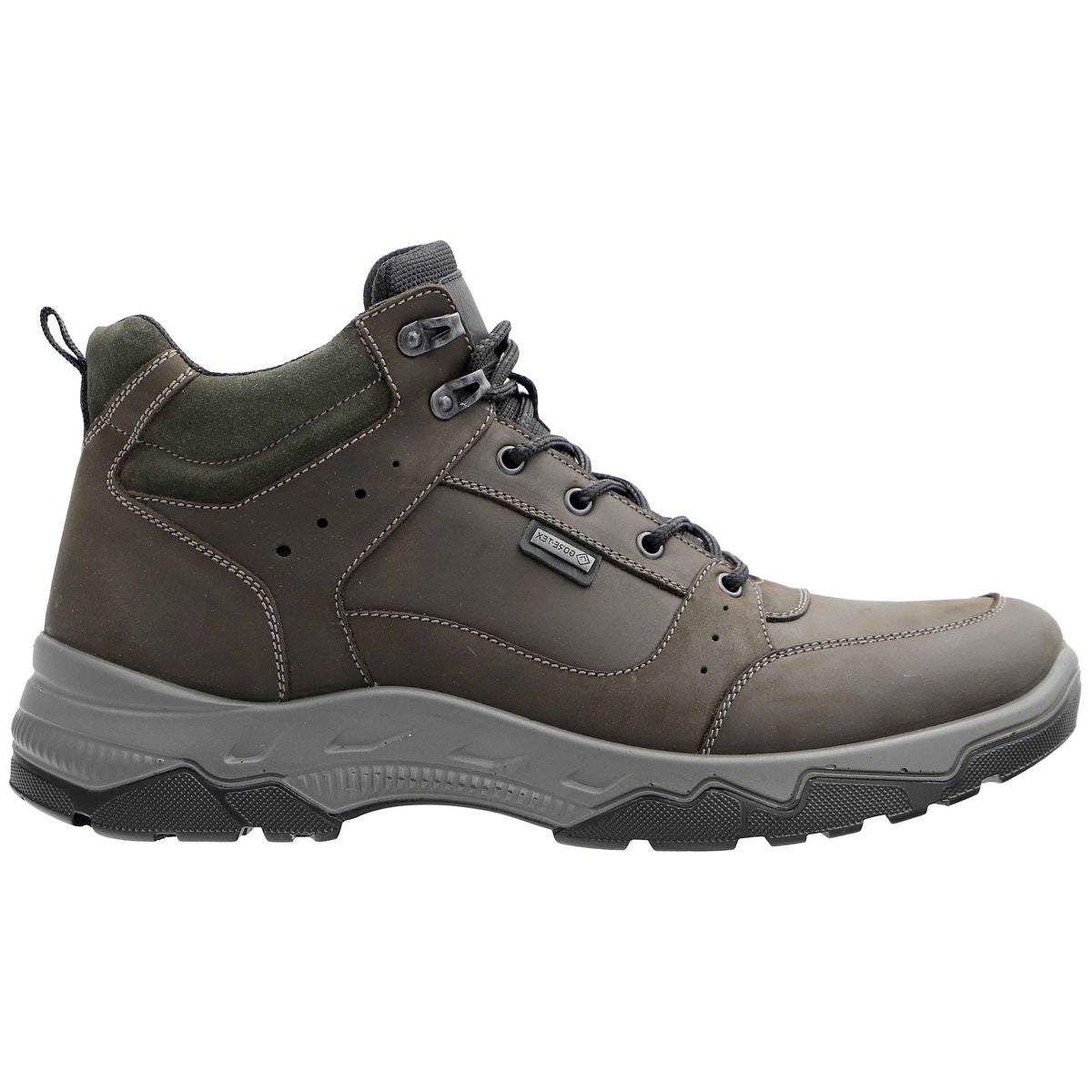 Men’s light brown leather lace-up ankle boot with a dark green padded collar and a thick, textured grey rubber sole. Style #38504-08