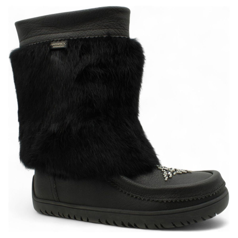 Black Arctic Mukluk 13 women's winter boot with genuine black rabbit fur, waterproof leather, hand beadwork on vamp. Style AMUK-13.