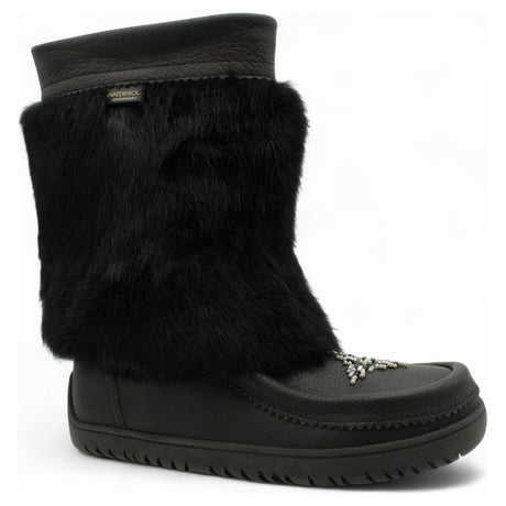 Black Arctic Mukluk 13 women's winter boot with genuine black rabbit fur, waterproof leather, hand beadwork on vamp. Style AMUK-13.